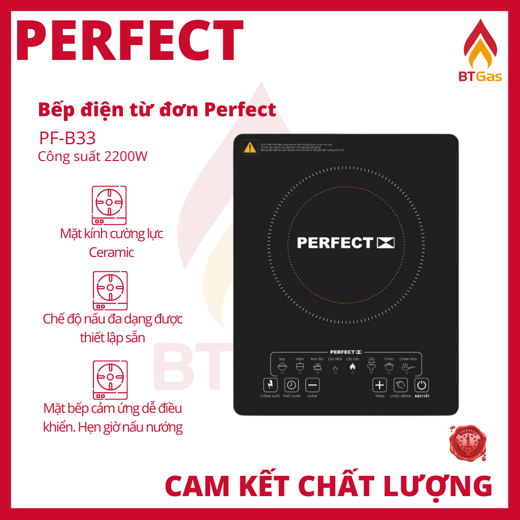 Bếp từ đơn công suất 2200W, bếp điện từ mini kính chịu lực siêu bền Perfect PF-B33