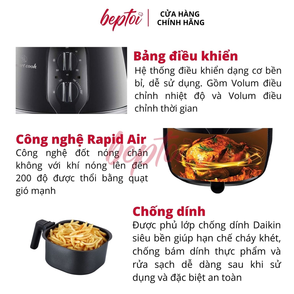 Nồi chiên không dầu Smartcook, nồi chiên không dầu cơ dung tích 5 Lít Smartcook AFS-3940