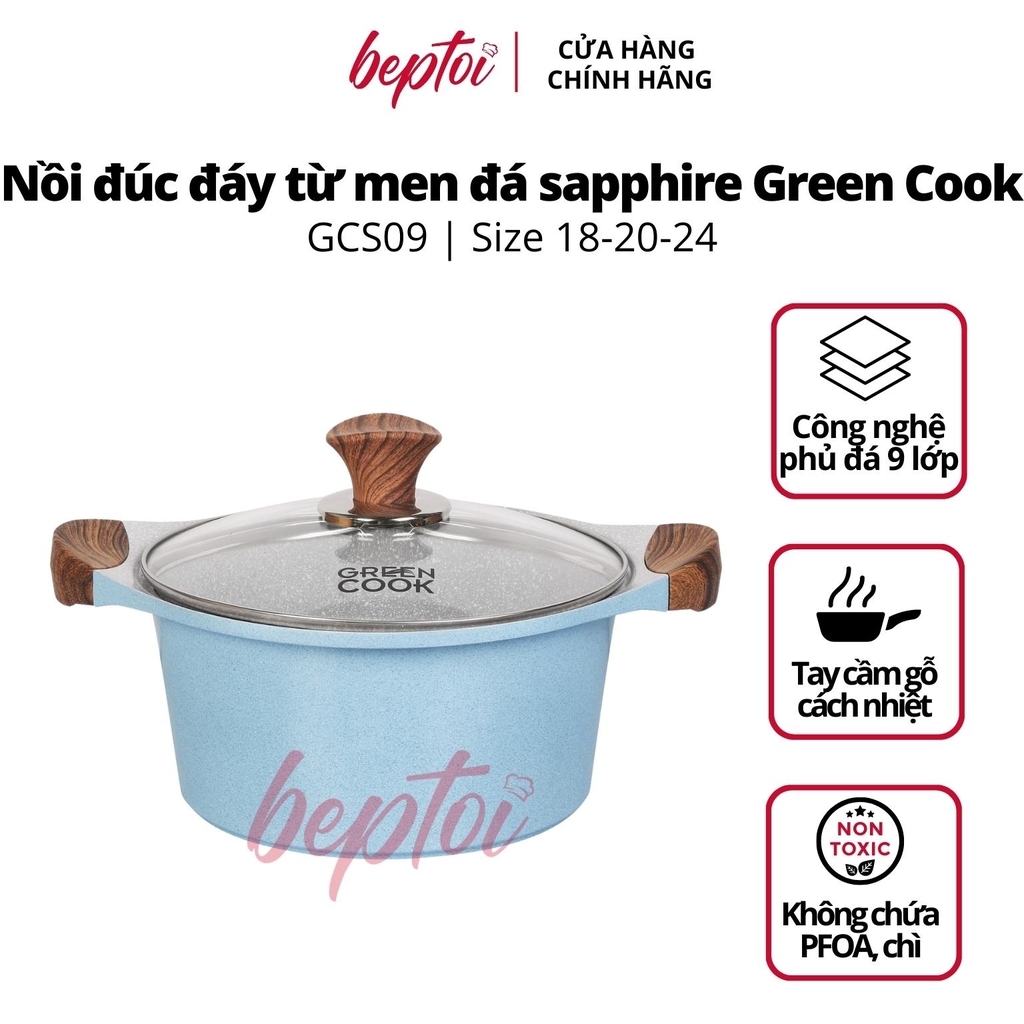 Nồi chống dính nồi bếp từ men đá chống dính xanh sapphire Green Cook GCS09-IH công nghệ Hàn Quốc