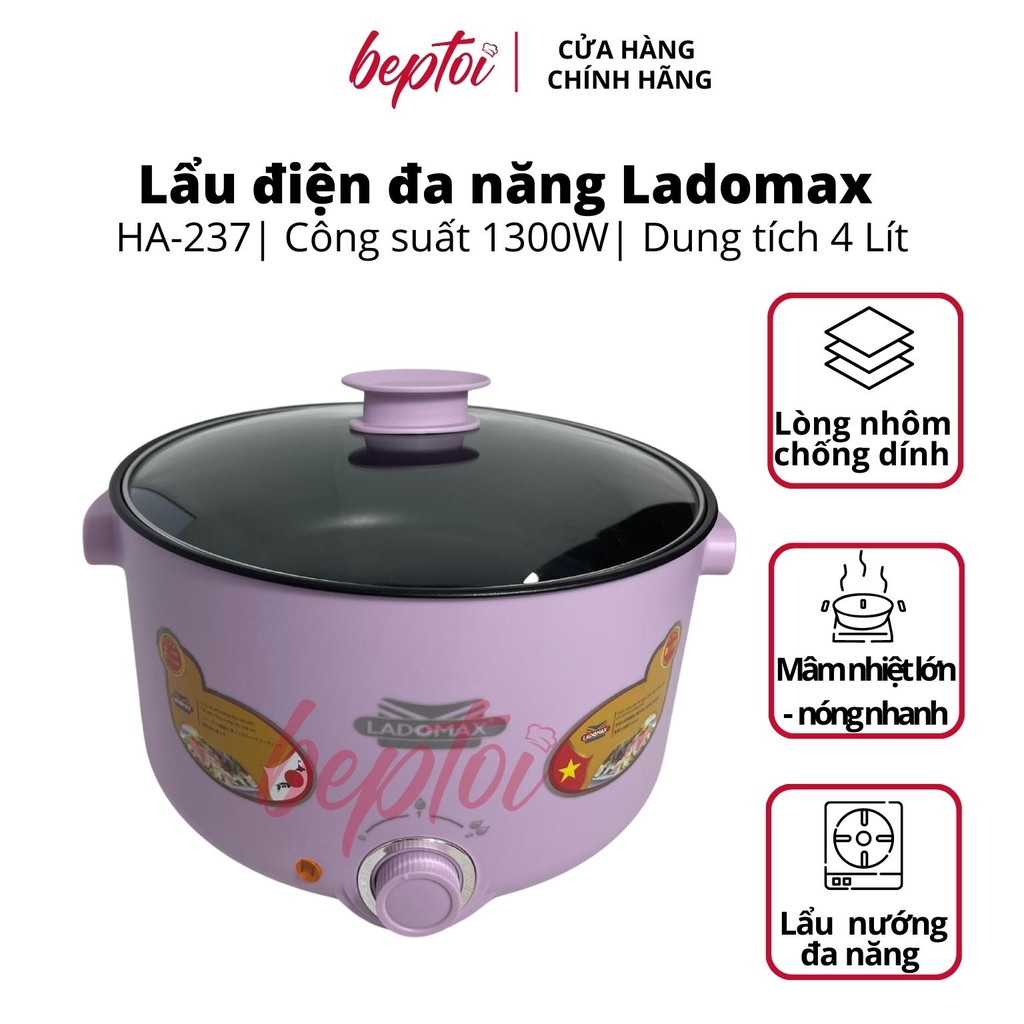 Nồi lẩu điện đa năng Ladomax, bếp lẩu điện mini dung tích 4 Lít công suất 1300W HA-237