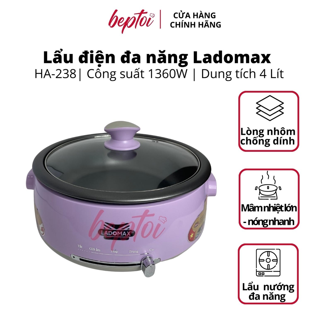 Nồi lẩu điện đa năng, bếp lẩu mini dung tích 4 Lít công suất 1360W Ladomax HA-238