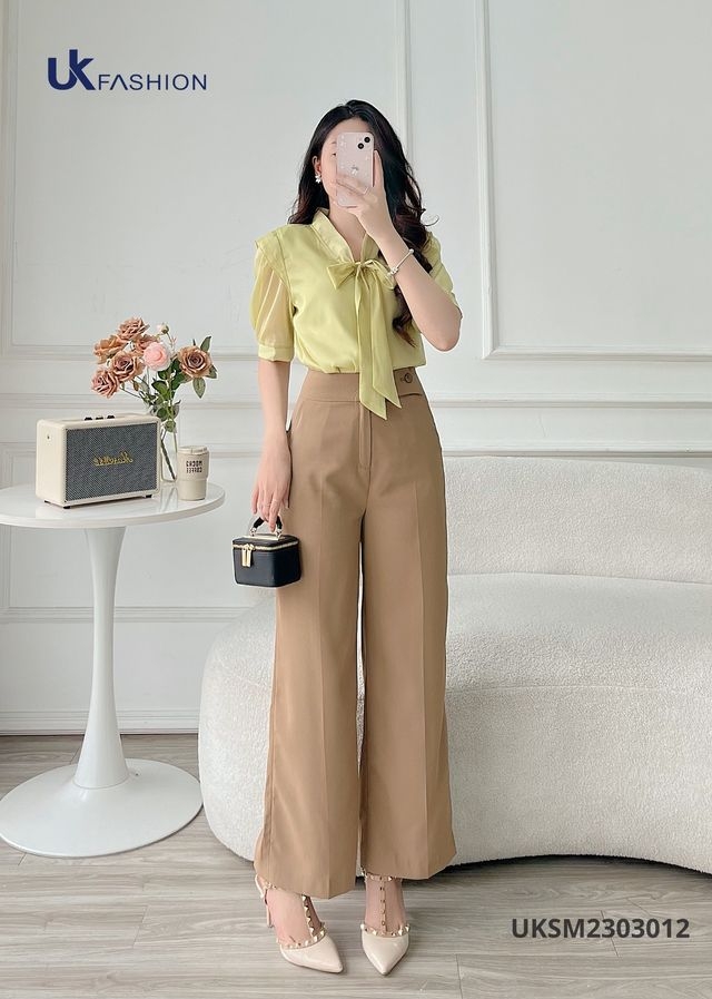 Áo Sơ Mi Tơ Tay Lỡ Nơ Cổ UK Fashion Tiểu Thư, Sang Chảnh UKSM2303012