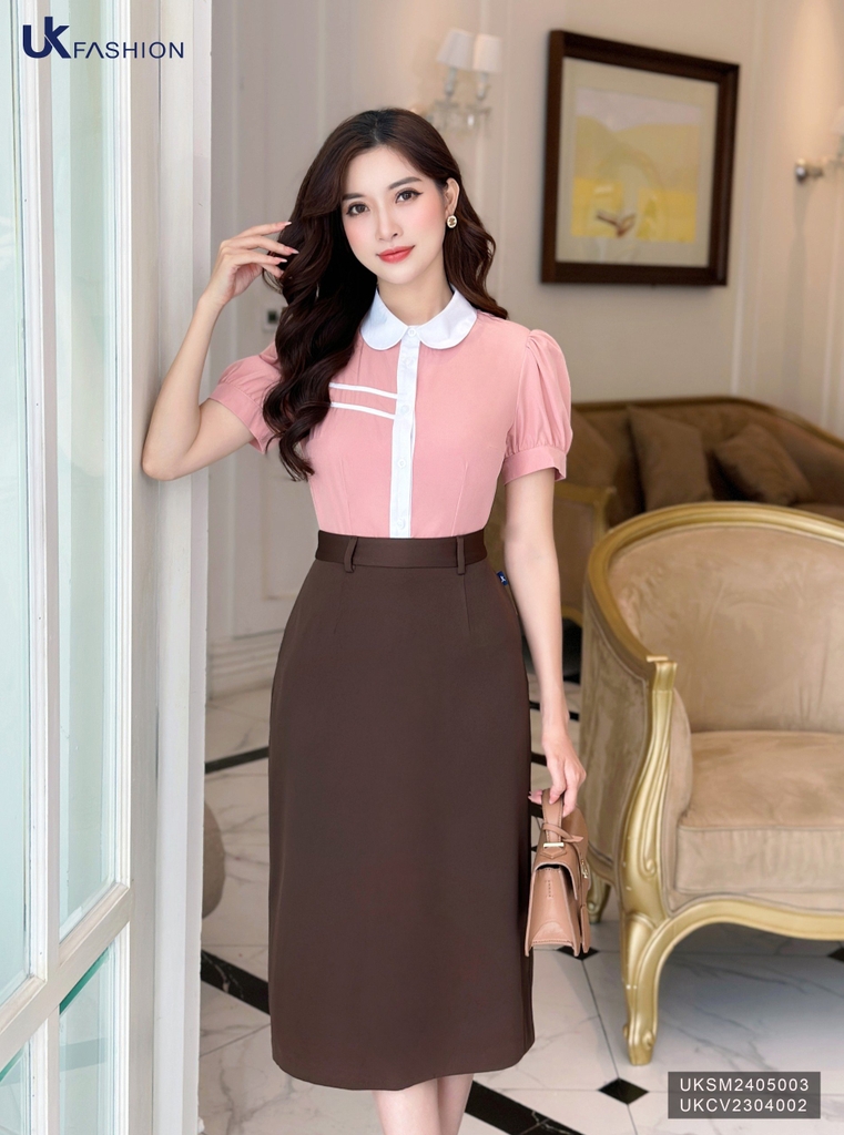 Áo Sơ Mi Cổ Sen Diễu Ngang Ngực UK Fashion Công Sở Nữ Thanh Lịch Vải Mềm Mịn UKSM2405003