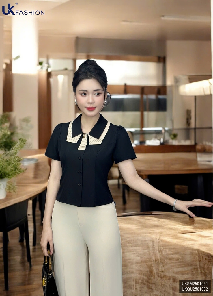 Áo Sơ Mi Ôm Vừa Phối Kẻ Kiểu UK Fashion Công Sở Nữ Thanh Lịch, Nữ Tính Vải Mềm Mịn UKSM2501031