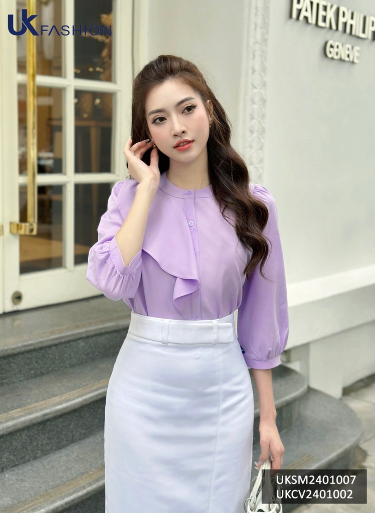 Áo Sơ mi cổ tàu bèo lệch UK Fashion chất liệu lụa cao cấp, chống nhăn, vải mềm mát, thời trang công sở nữ UKSM2401007