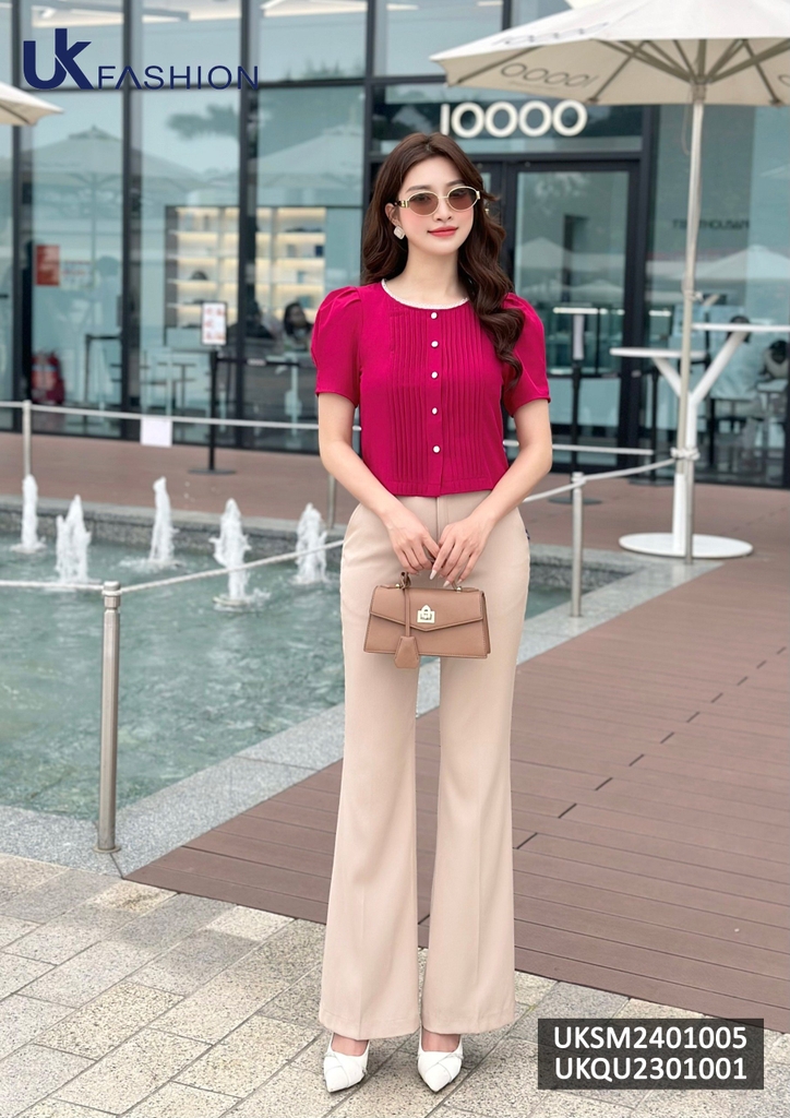 Áo sơ mi Croptop bấu mí kẻ ren cổ đóa Uk Fashion, thời trang công sở cao cấp, chất liệu lụa, không nhăn UKSM2401005
