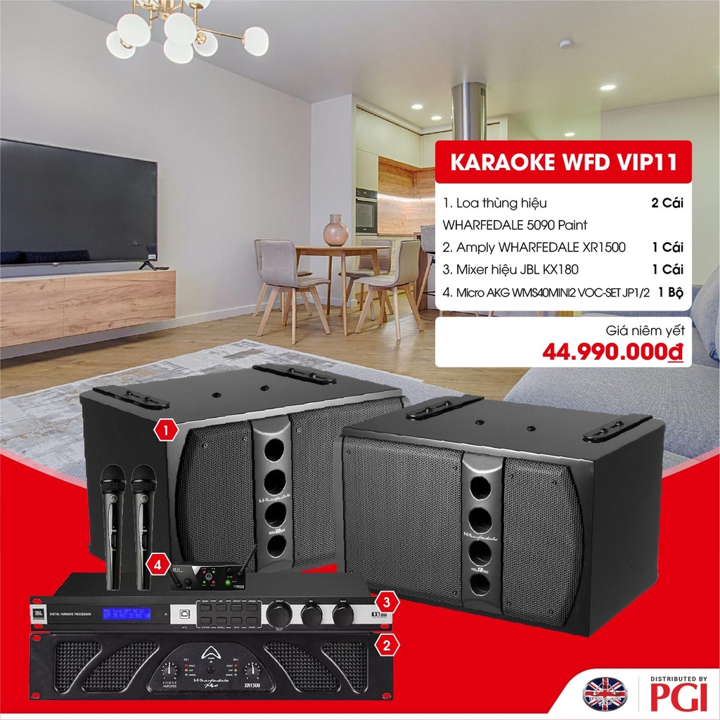 KARA WFD VIP11 - Combo Karaoke (Loa Wharfedale 5090 + WFD XR1500 + JBL KX180 + Mic AKG MINI2VOC) - Hàng Chính hãng PGI