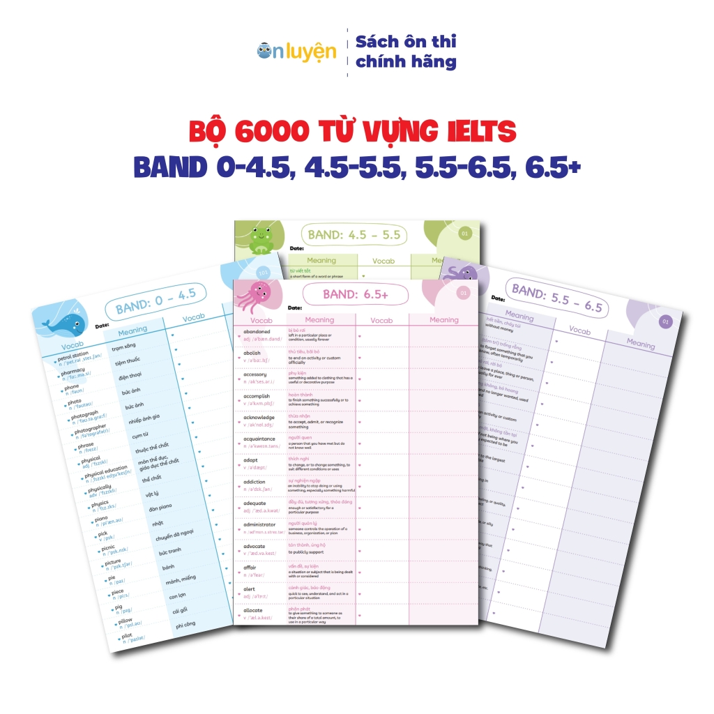 Bộ 6000 từ vựng IELTS theo band 0-4.5, 4.5-5.5, 5.5-6.5, 6.5+, dạng takenote dễ học dễ nhớ - Nhà sách Ôn luyện