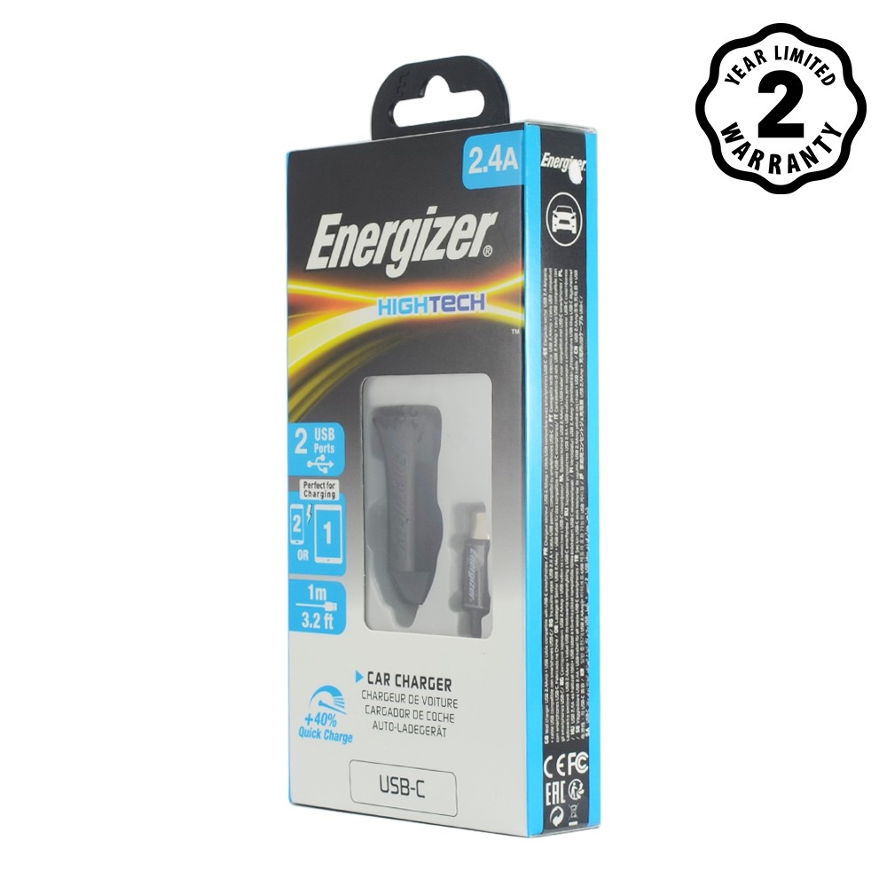 Sạc Ô Tô Energizer 2.4A 2USB + Kèm cáp USB Type-C 2.0 - DCA2BHC23