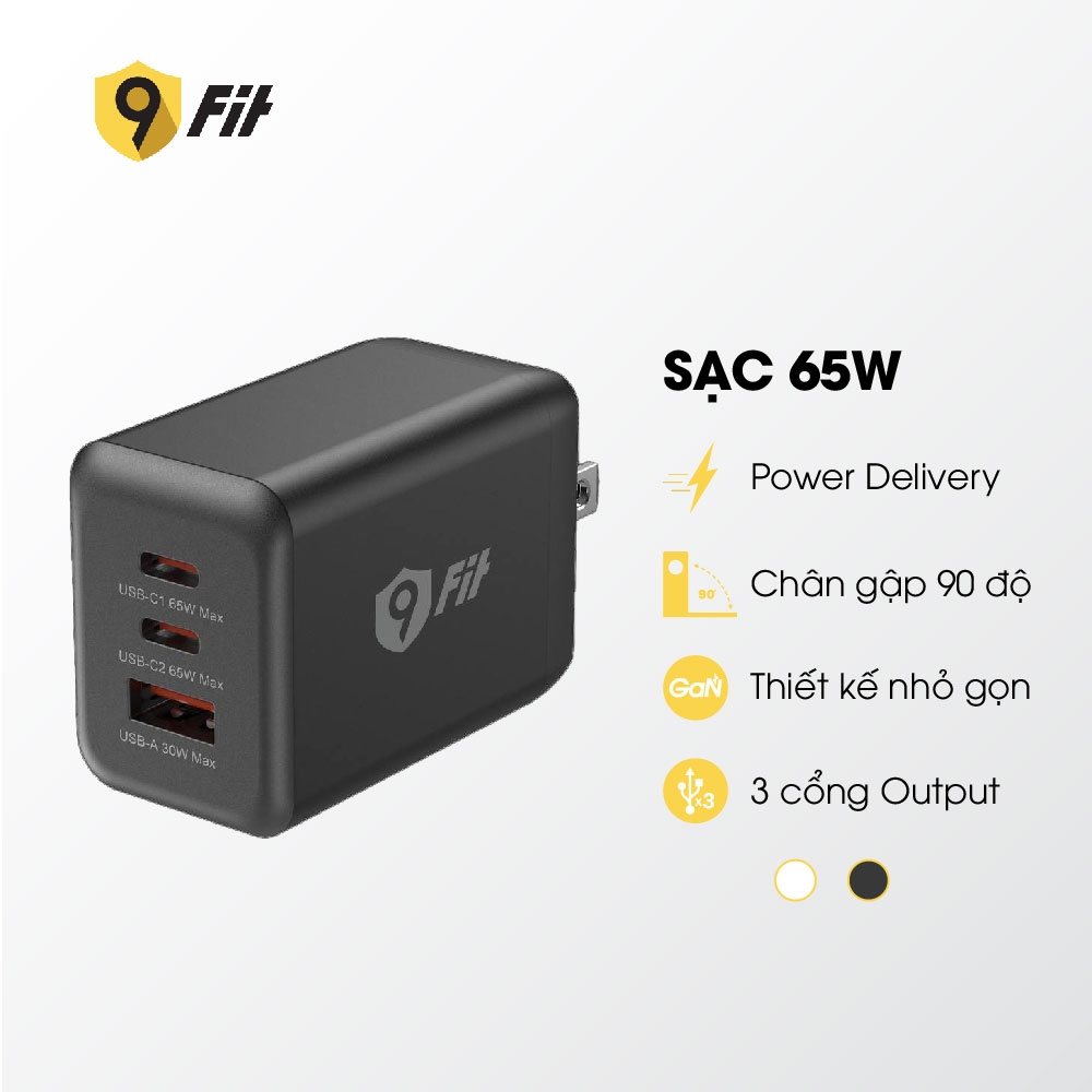 Combo sạc nhanh 9Fit Power Delivery 65W 1A2C kèm Cáp USB-C to Lightning hỗ trợ công nghệ GaN, PD màu đen