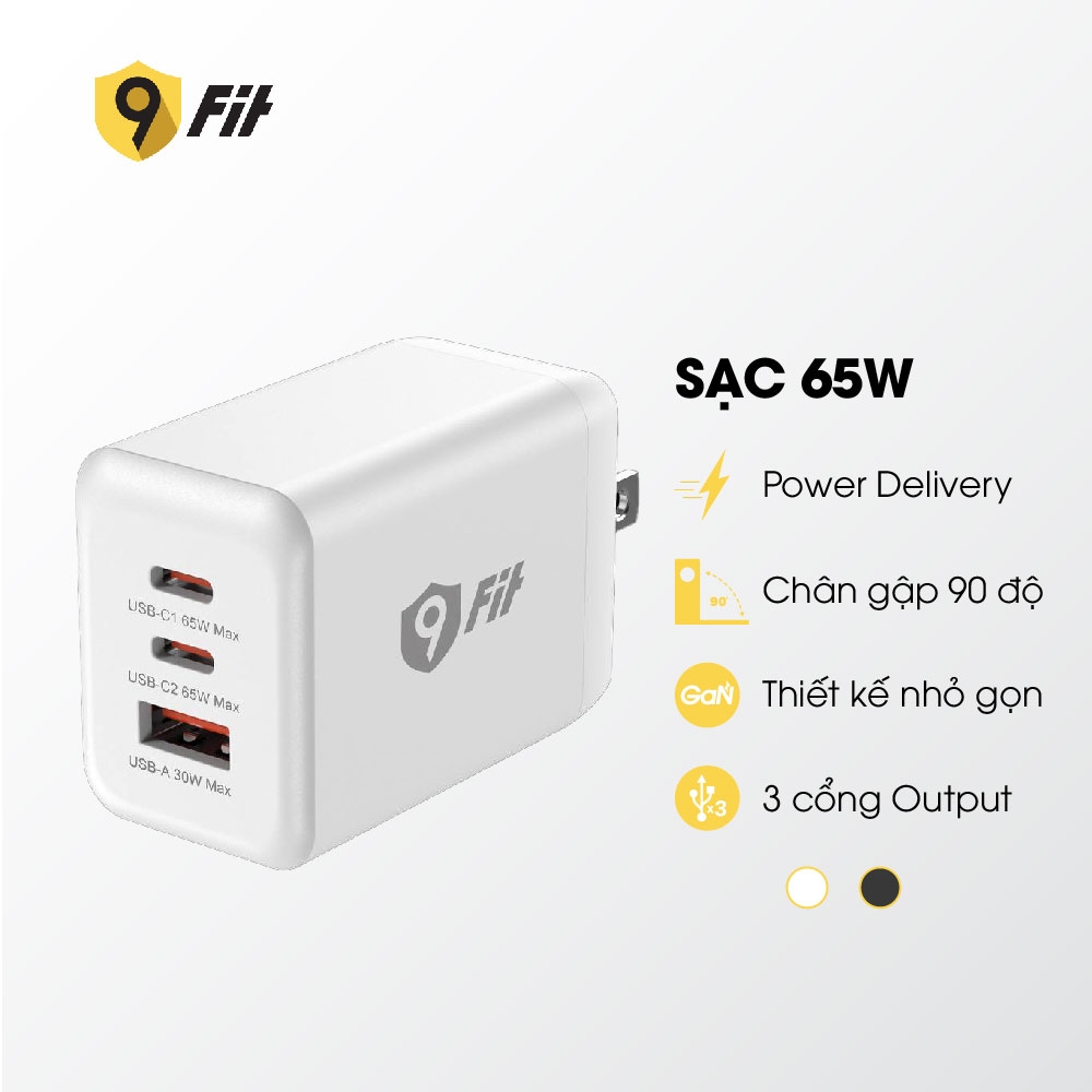 Combo sạc nhanh 9Fit Power Delivery 65W 1A2C kèm Cáp USB-C to USB-C hỗ trợ công nghệ GaN, PD, PPS màu trắng