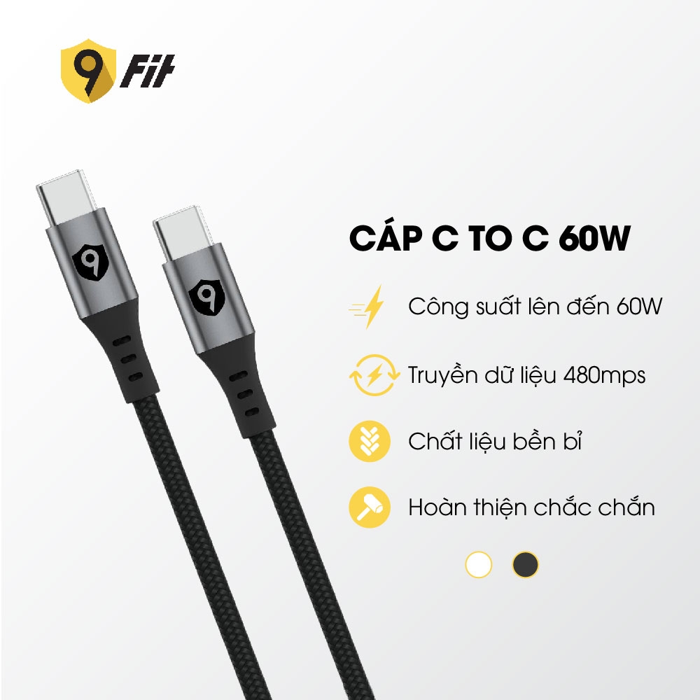 Combo sạc nhanh 9Fit Power Delivery 65W 1A2C kèm Cáp USB-C to USB-C hỗ trợ công nghệ GaN, PD, PPS màu đen