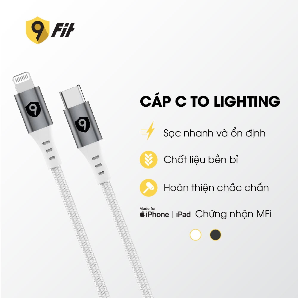 Combo sạc nhanh 9Fit Power Delivery 65W 1A2C kèm Cáp USB-C to Lightning hỗ trợ công nghệ GaN, PD màu trắng