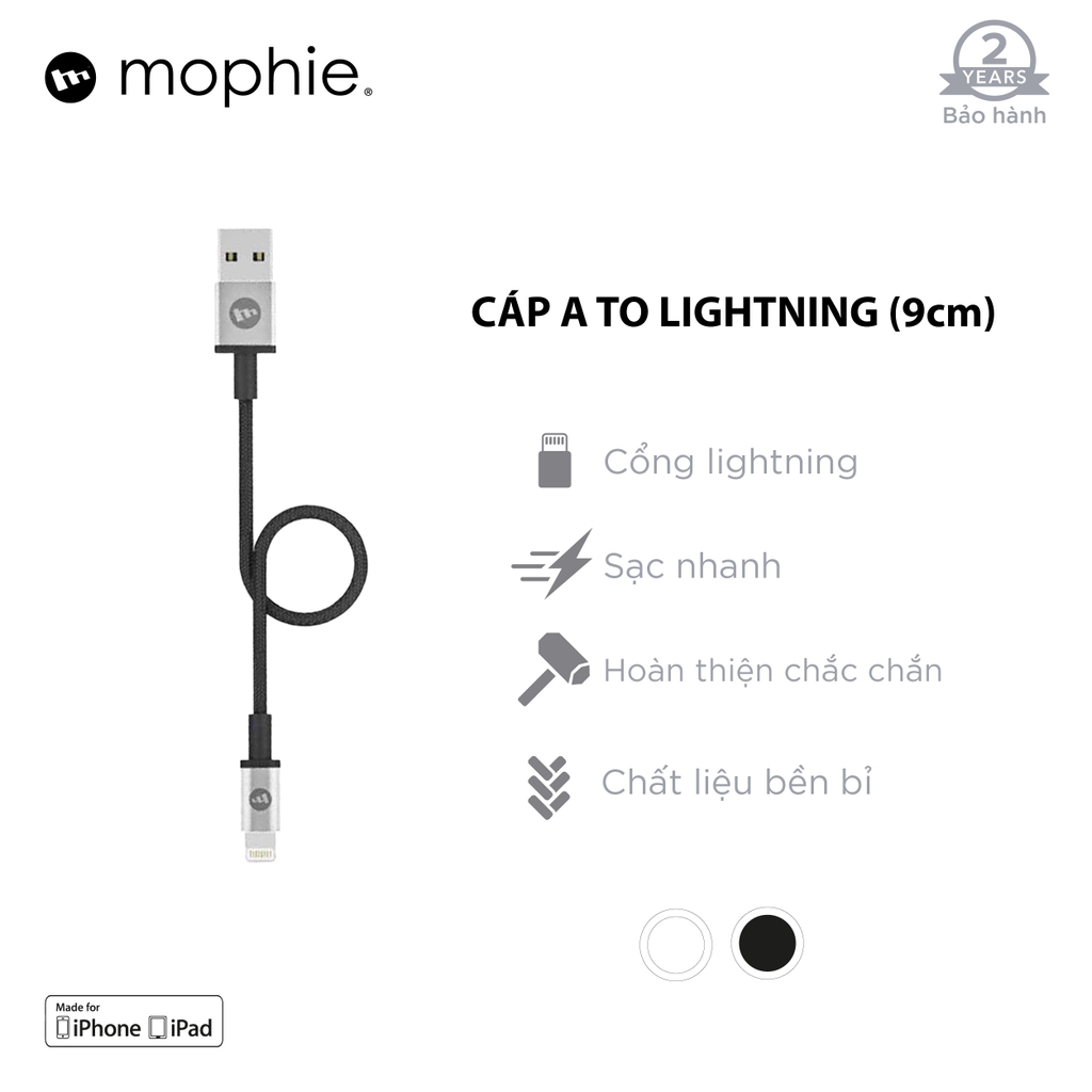 Cáp USB-A to Lightning Mophie 9cm