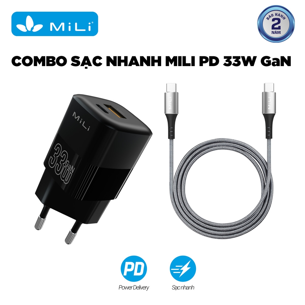 Combo sạc nhanh MiLi Power Delivery 33W GaN kèm Cáp USB-C to USB-C