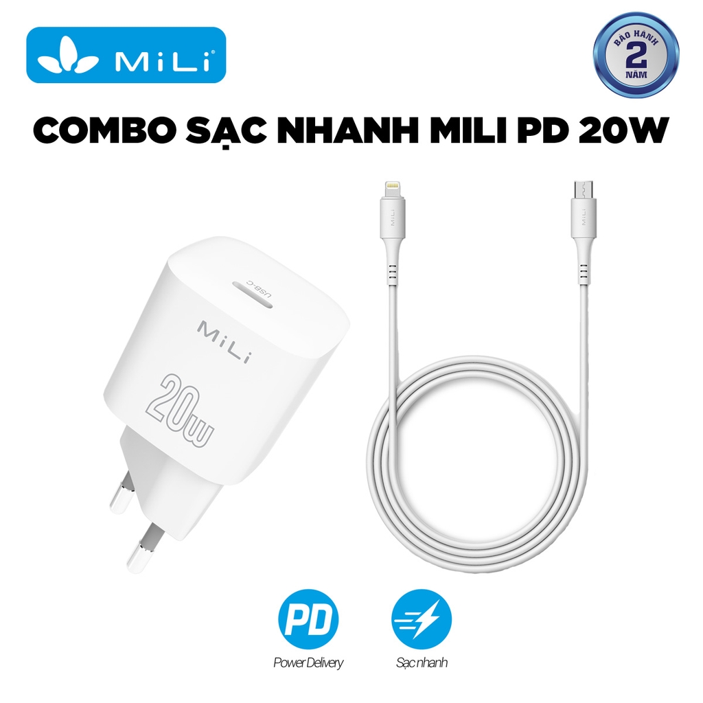 Combo sạc nhanh MiLi Power Delivery 20W kèm Cáp USB-C to lightning 1M cho iPhone/iPad