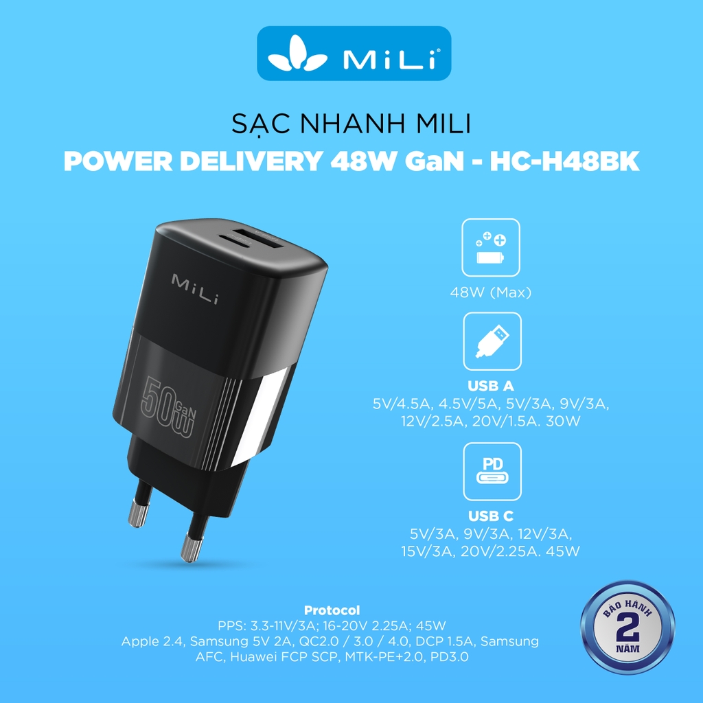 Sạc nhanh MiLi PD 50W GaN - HC-H48