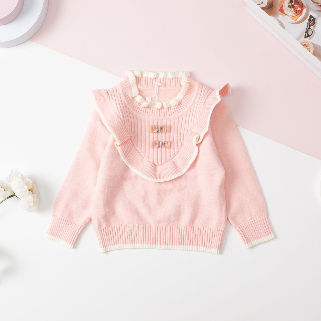 Áo len Bé gái cổ tròn, nơ size 1/4 tuổi