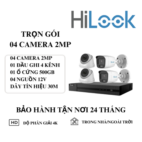 (HILOOK) Bộ Kit 4 Camera Cố Định Trong Nhà Và Ngoài Trời (2MP)