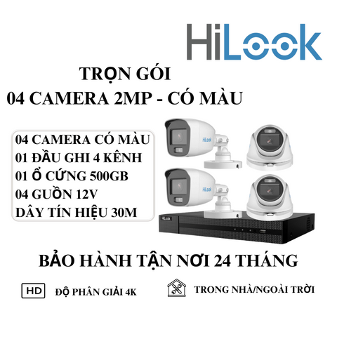 (HILOOK) Bộ Kit 4 Camera Cố Định Trong Nhà Và Ngoài Trời (2MP - Có Màu Ban Đêm)