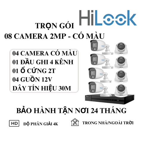 (HILOOK) Bộ Kit 8 Camera Cố Định Trong Nhà Và Ngoài Trời (2MP - Có Màu Ban Đêm)