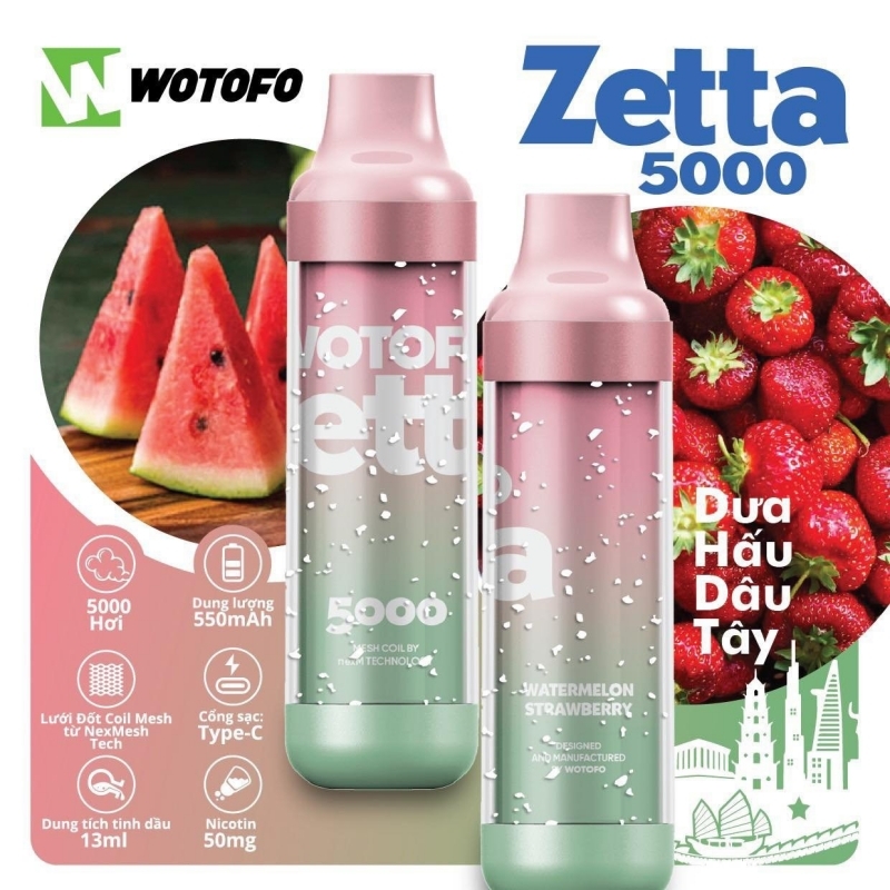 Wotofo Zetta 5000 Strawberry Banana	: Dâu Chuối | 2%-3%-5% | 13ml | 600mAh | USB Type C | vapeland.vn