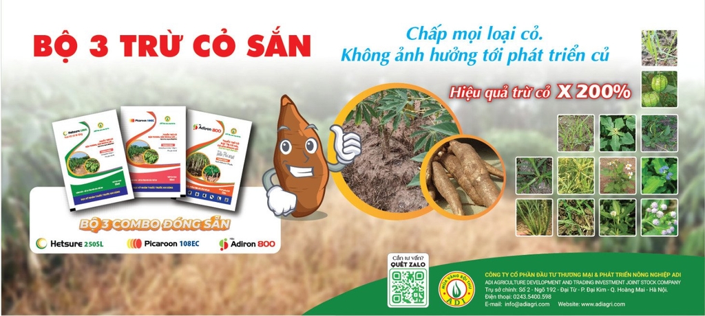 Bộ ba trừ cỏ sắn(mì) Hetsure 250SL gói 35ml Picaroon 108EC gói 50ml và Adiron 800 20gr