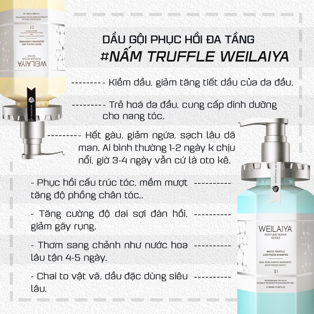 Bộ Dầu Gội Dầu Xả Phục Hồi Đa Tầng Nấm Truffle Weilaiya 450ml + 450ml