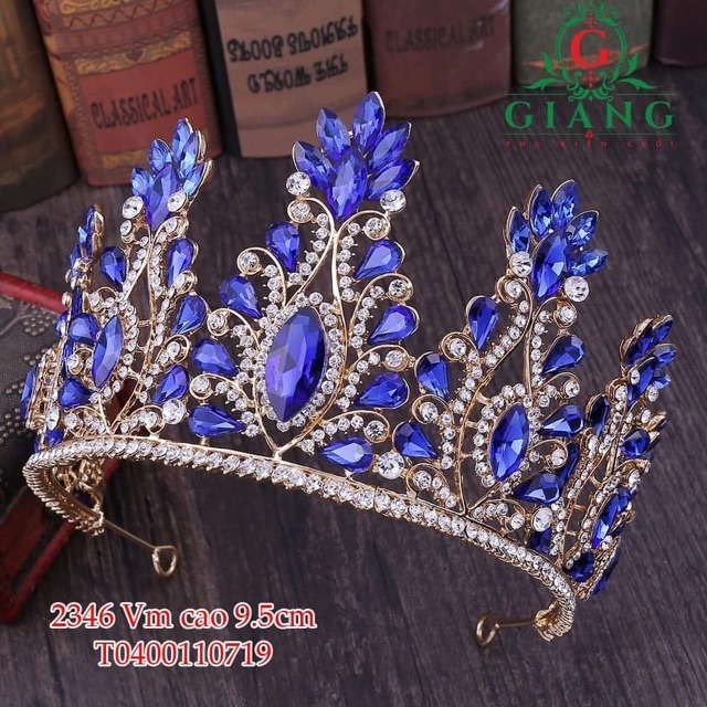 Vương miện nữ sinh thanh lịch phụ kiện cưới Giang vương miện đẹp đá xanh biển cao 9,5cm