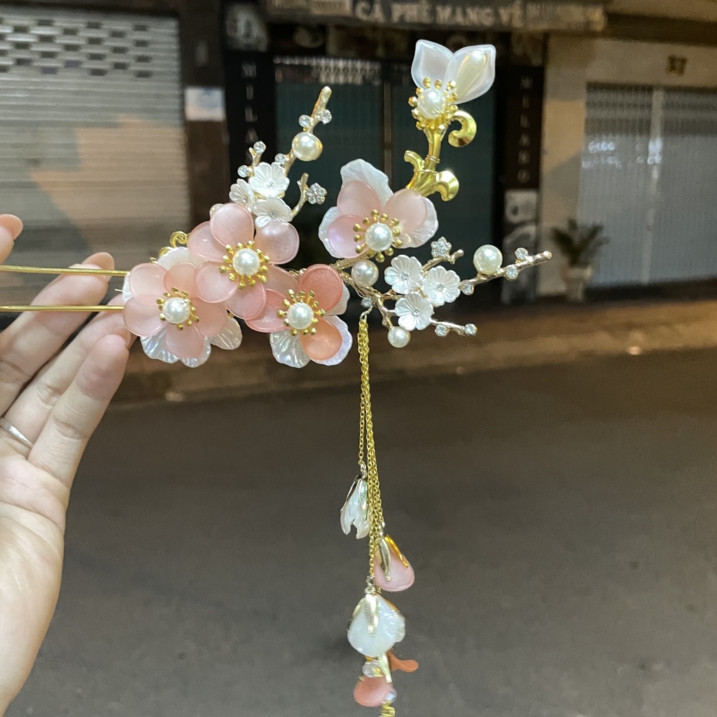 Trâm cài tóc hoa đào hồng tua rua hoa phong cách nhật bản  giangpkc-phu-kien-thoi-trang