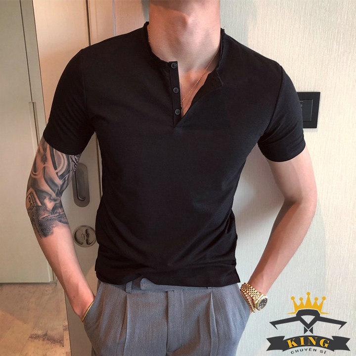 Áo thun nam Facio Shop tay ngắn cổ henley form ôm V03