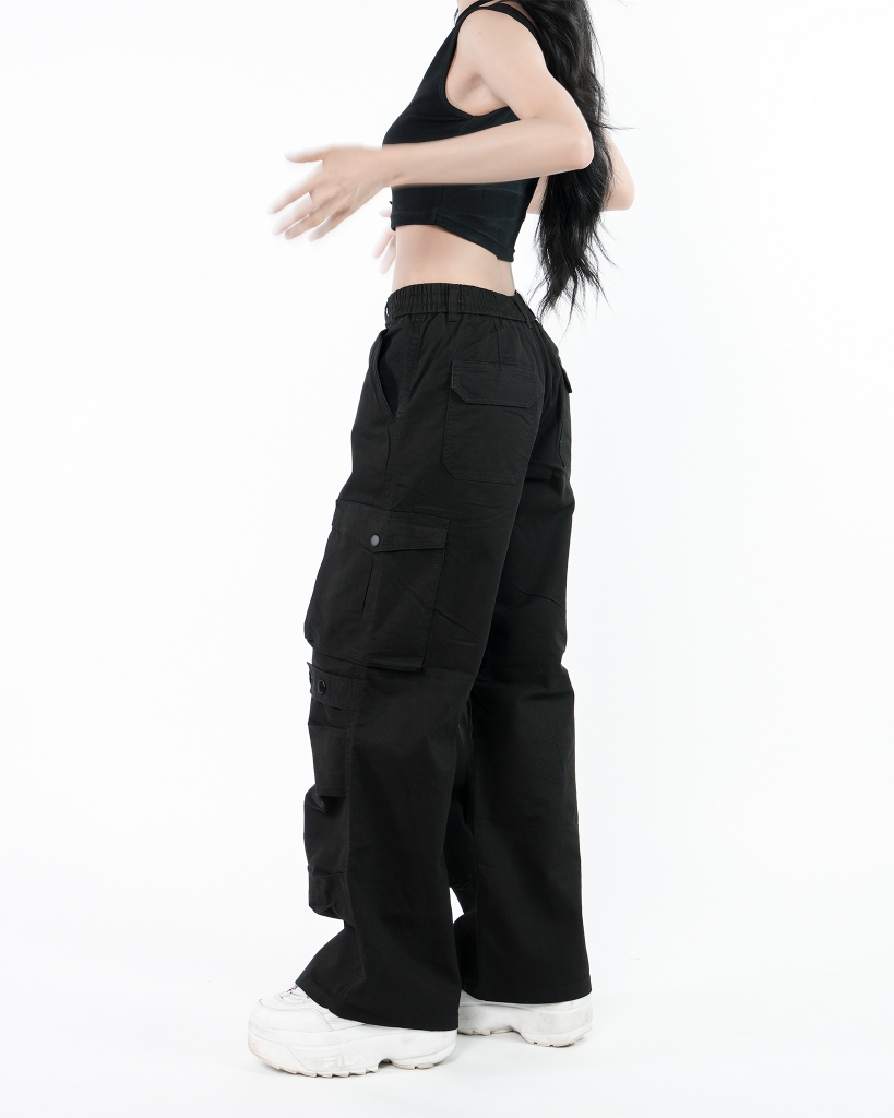 Quần Cargo Nữ Kaki Túi Hộp Ống Rộng Y2k 100% Cotton Mềm Màu Đen | KQSTYLING WIDE