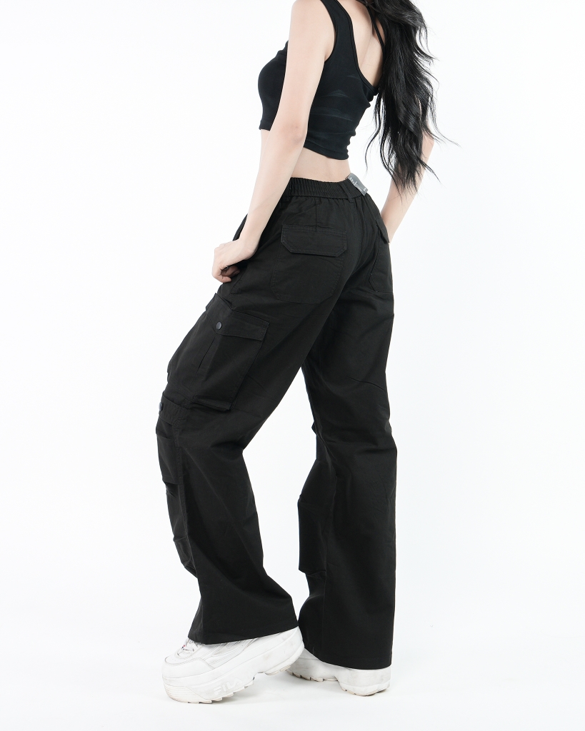 Quần Cargo Nữ Kaki Túi Hộp Ống Rộng Y2k 100% Cotton Mềm Màu Đen | KQSTYLING WIDE