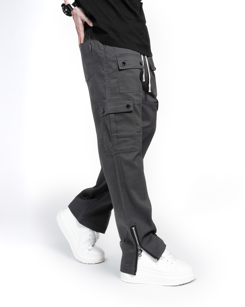 Quần Cargo Nam Kaki Túi Hộp Co Giãn Ống Đứng Màu Xám Đậm | KQSTYLING ZIP