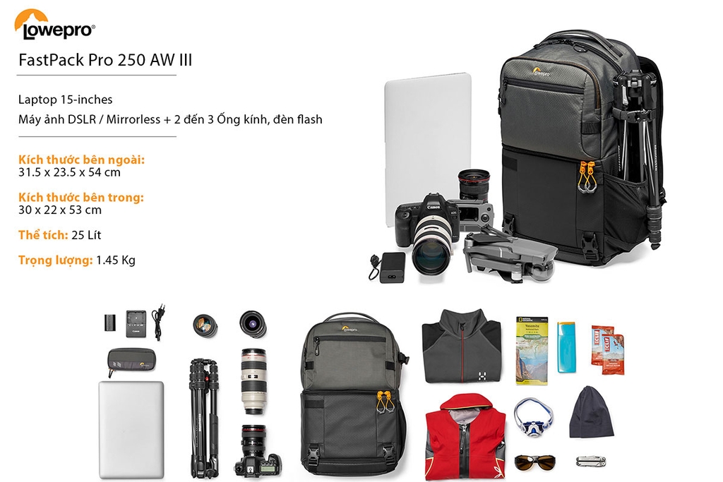 Balo máy ảnh cao cấp Lowepro Fastpack Pro BP 250 AW III - LP37331