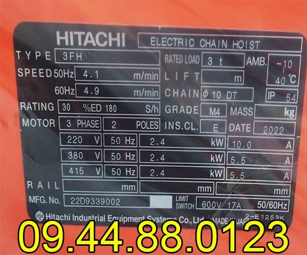 Pa lăng xích điện cố định Hitachi 3 tấn 6m 3FH