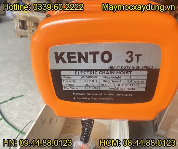 Pa lăng xích điện di chuyển Kento 3 tấn 6m HHBB03-02 380V