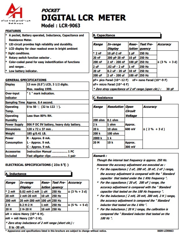 Đồng hồ đo cuộn cảm, Điện trở, Tụ điện LUTRON LCR-9063