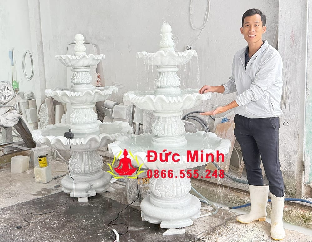 Đài Phun Nước Đá Trắng Phong Thủy Cao 1m5