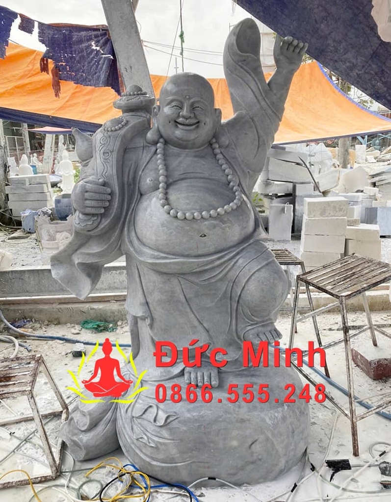 Tượng Di Lặc Vát Gậy Như Ý Đá Cẩm Thạch Xám Đẹp
