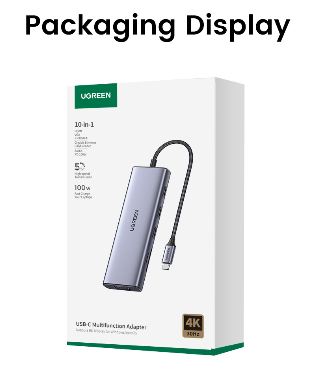 UGREEN 15601 USB-C to  3xUSB-A 3.0 + HDMI + VGA+ RJ45(LAN) + SD/TF +3.5mm+PD 4K30Hz