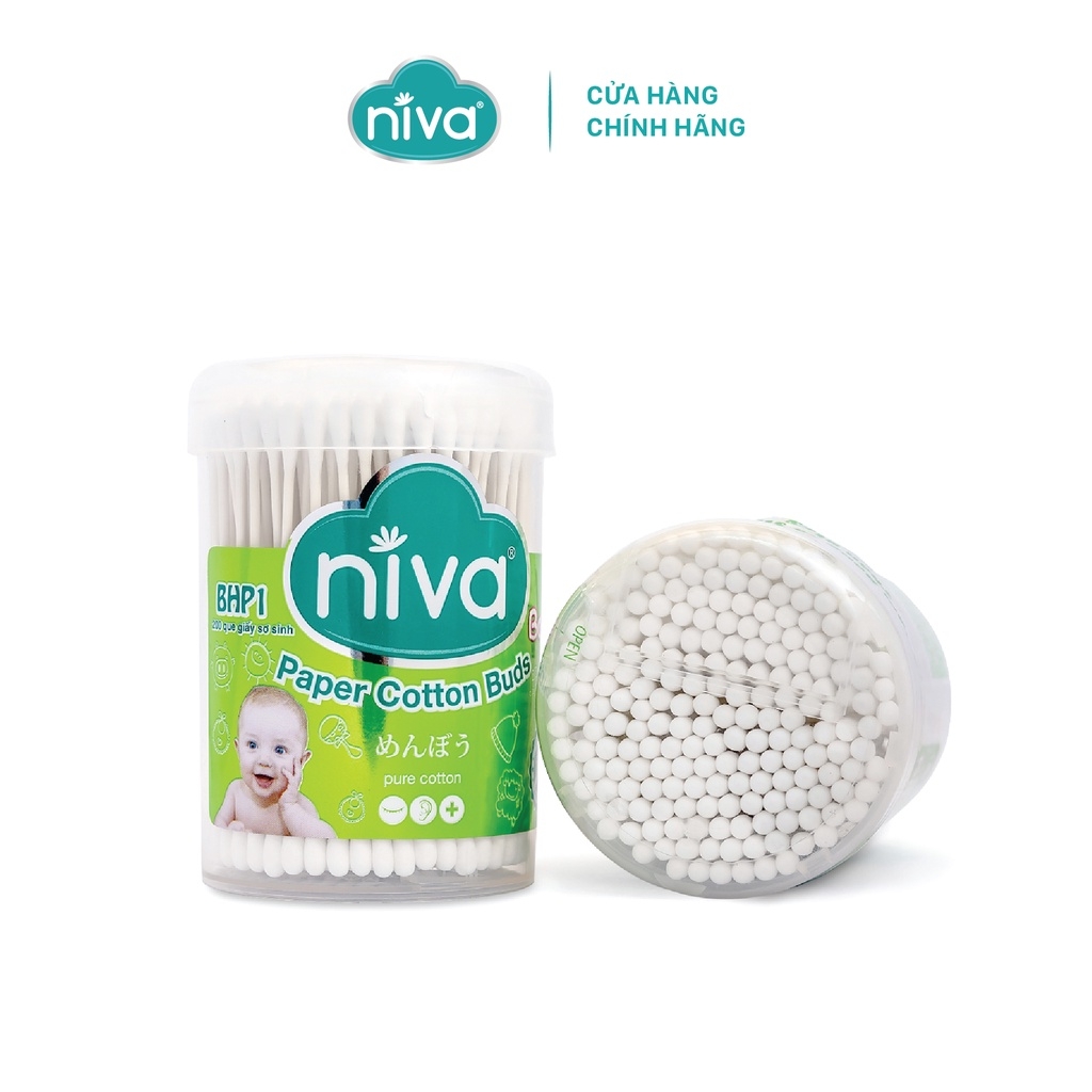Combo 3 Tăm Bông Niva Cho Trẻ Sơ Sinh Hũ 200 Que Thân Giấy BHP1 Bông Tự Nhiên Kháng Khuẩn An Toàn