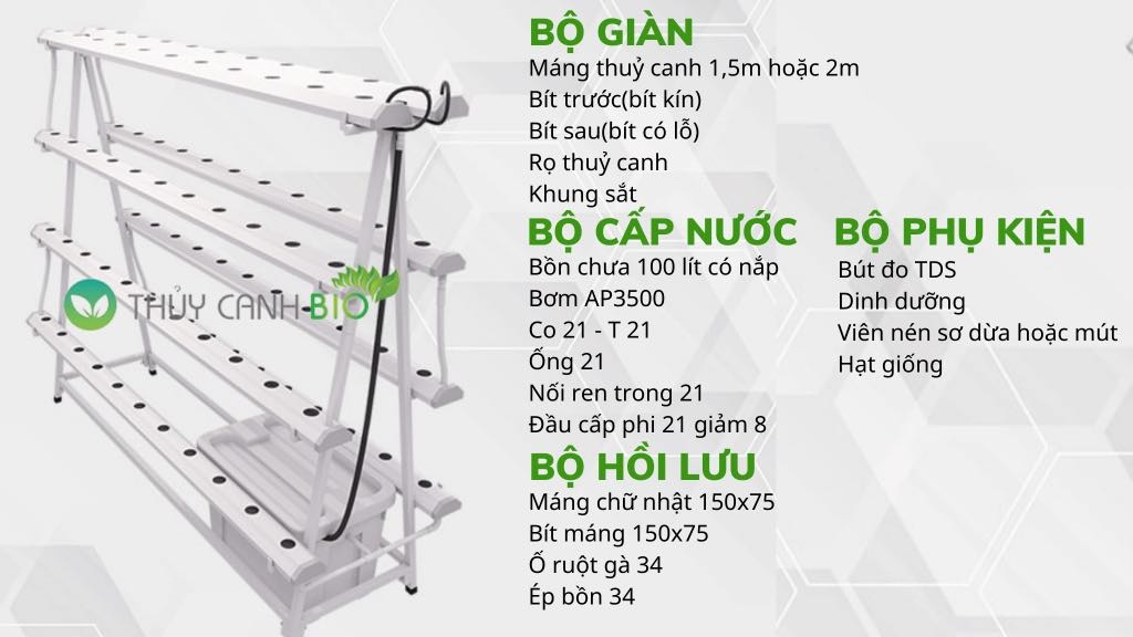 Giàn Thủy Canh Hồi Lưu 1/2 Chữ A 4 tầng máng đôi 1.5m