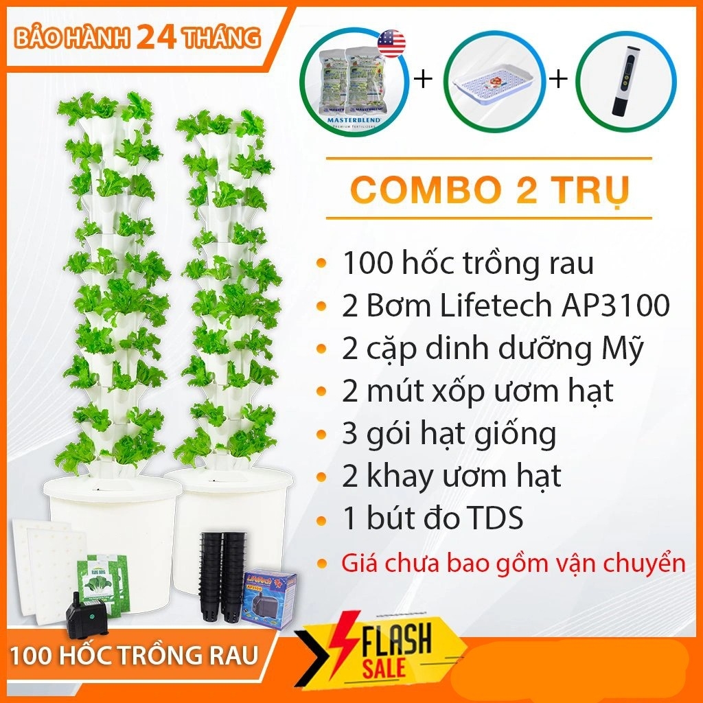 Combo 2 Trụ đứng Trồng Rau Thủy Canh kèm 2 cặp DD/Bơm/mút xốp/Hạt giống/Khay ươm