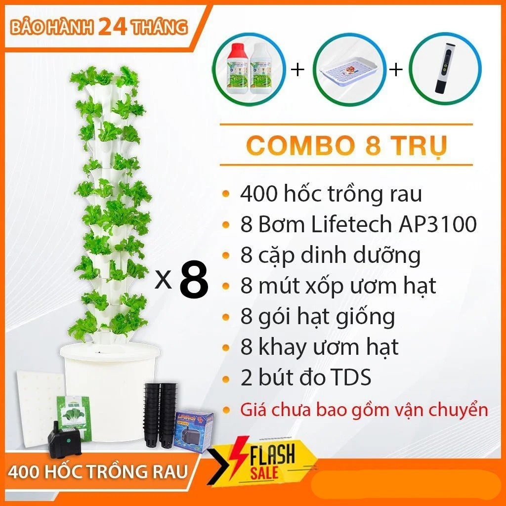 Combo 8 Trụ đứng Trồng Rau Thủy Canh kèm 8 cặp DD/Bơm/mút xốp/Hạt giống/Khay ươm