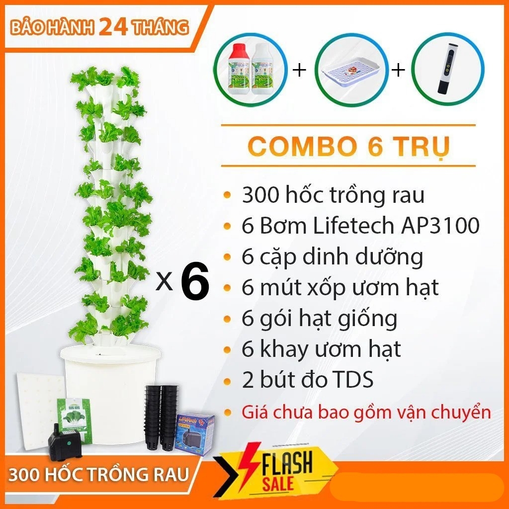 Combo 6 Trụ đứng Trồng Rau Thủy Canh kèm 6 cặp DD/Bơm/mút xốp/Hạt giống/Khay ươm