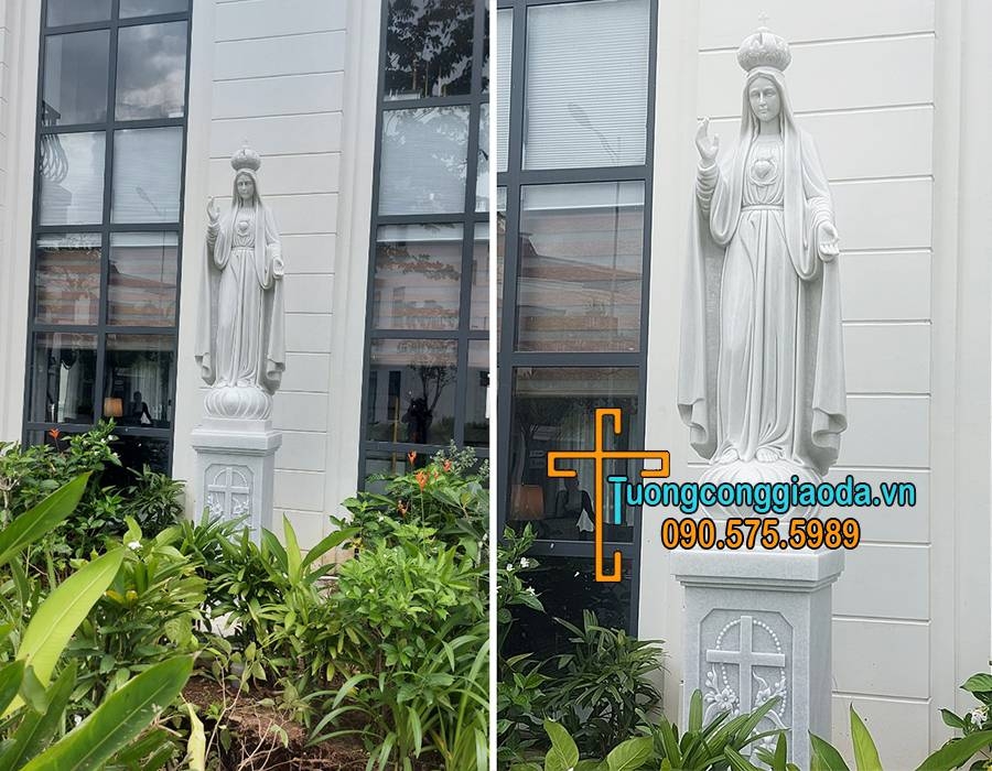 Tượng Đức Mẹ Fatima Đá Cẩm Thạch Tự Nhiên cao 3.2m lắp đặt hoàn thiện
