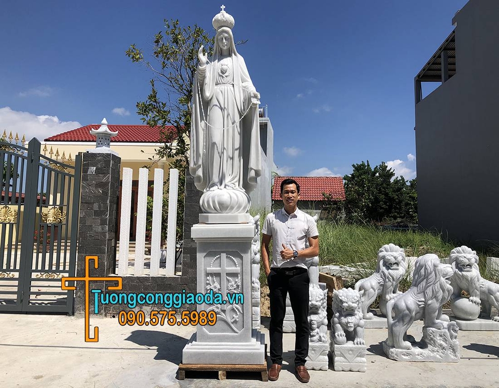 Tượng Đức Mẹ Fatima Đá trắng đẹp cao 3.2m hoàn thiện