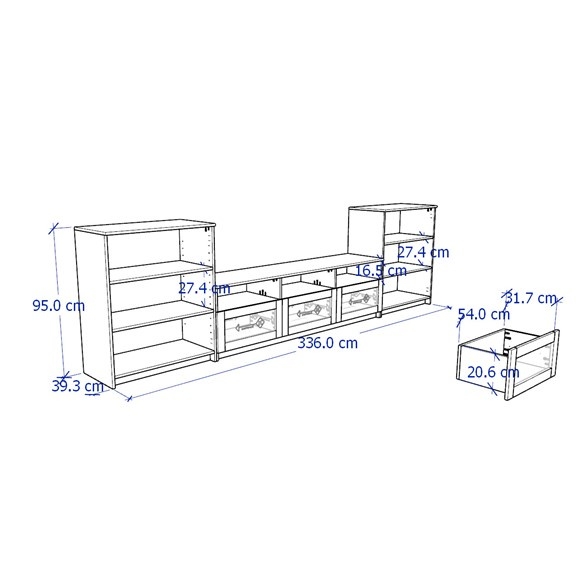 KALUA, COMBO Bộ đôi tủ 3 tầng kết hợp kệ TV 3 hộc kéo STO_054, 336x41x95cm
