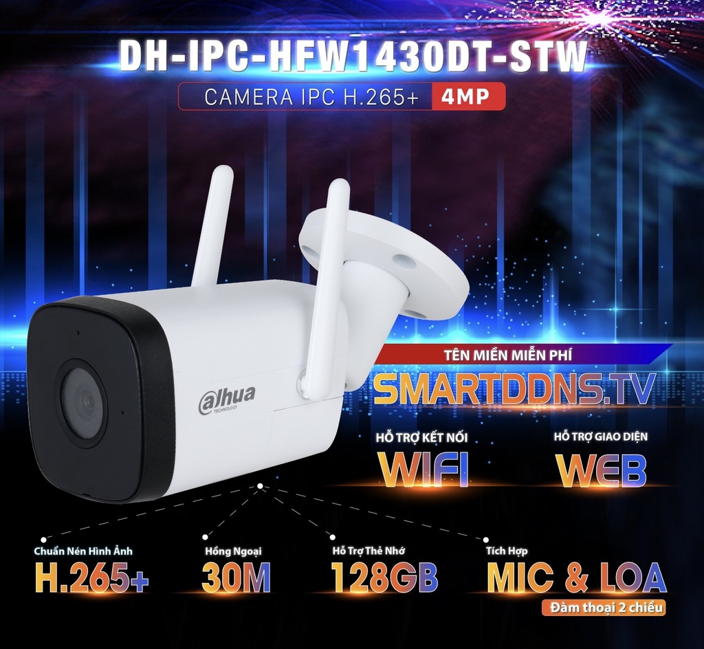 Camera Dahua wifi DH-IPC-HFW1430DT-STW 4MP, hồng ngoại 30m, chuẩn chống bụi nước